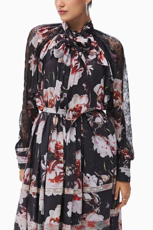 Galina Black Tie-Up Top with Skirt Set