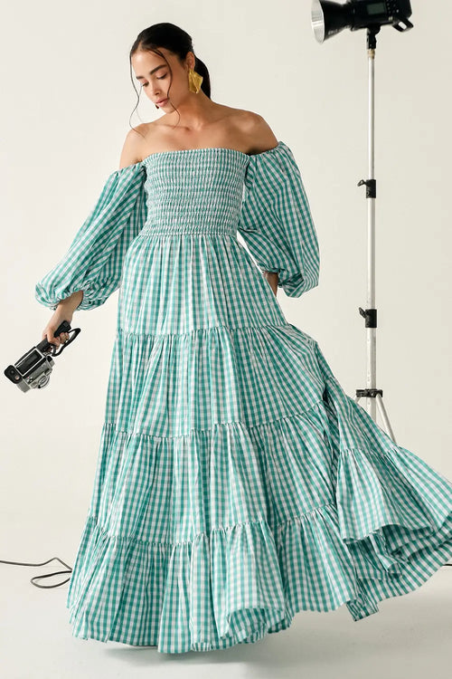Beth Green-White Checks Dress