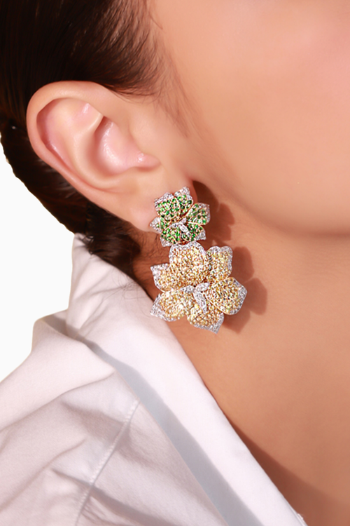 Yellow Sapphires and Tsavorite Floral Danglers