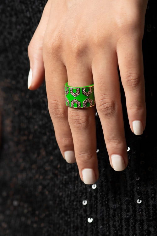 Green Enamel and Coffee 18KT Gold Diamond Ring