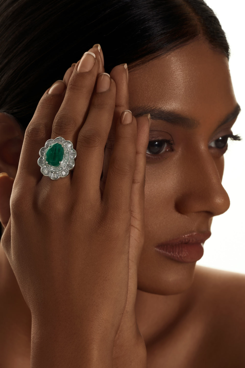 Classic Emerald and Diamond Cocktail Ring in 18KT White Gold