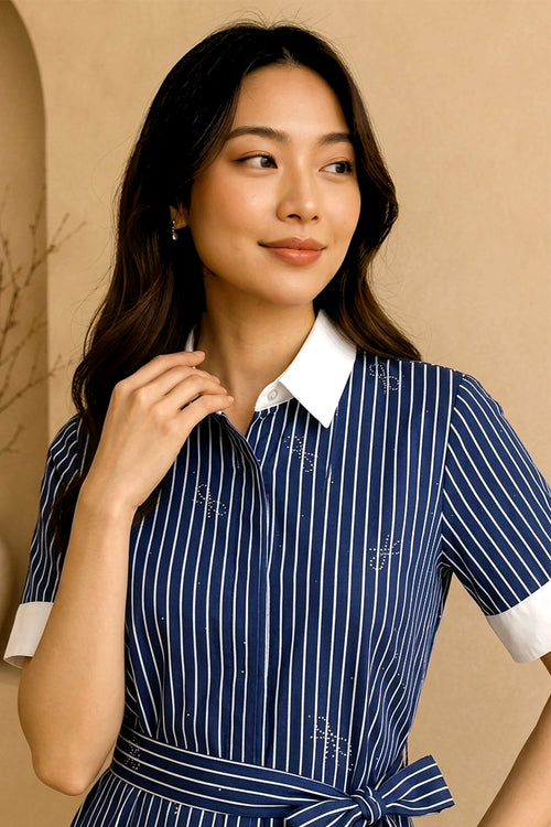 Navy Avenue Belted Midi Dress