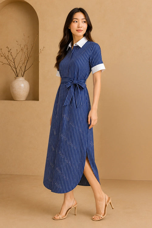 Navy Avenue Belted Midi Dress