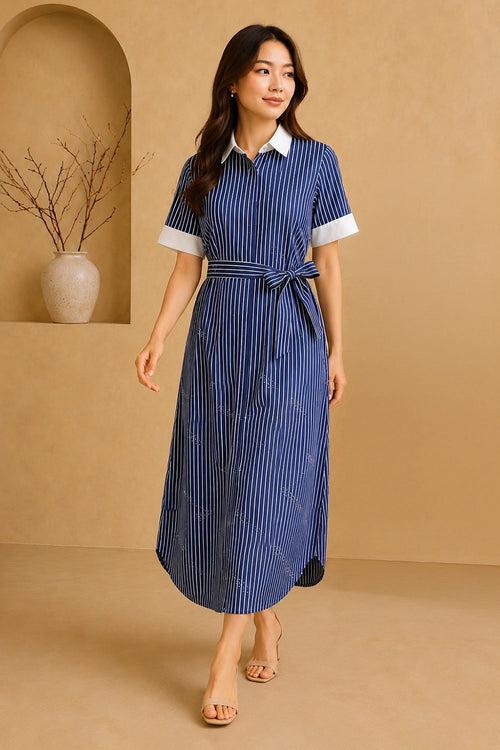 Navy Avenue Belted Midi Dress