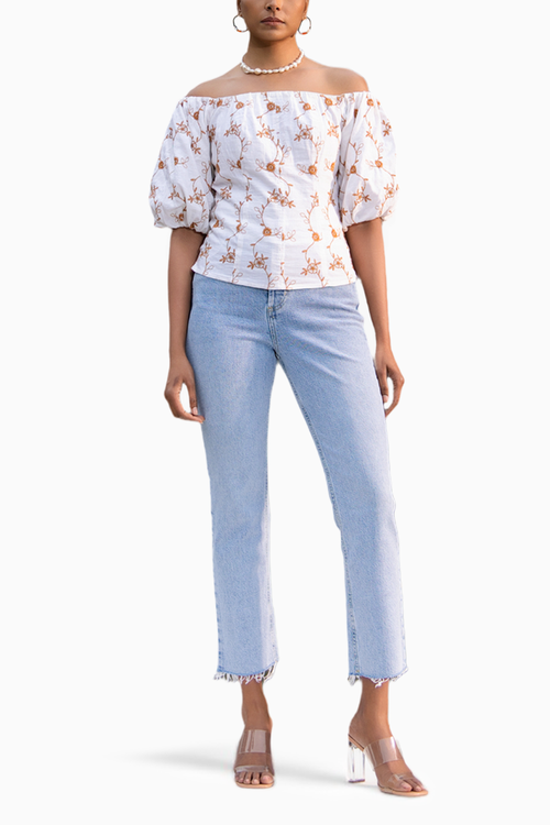 Harmony White/Brown Schiffli Top