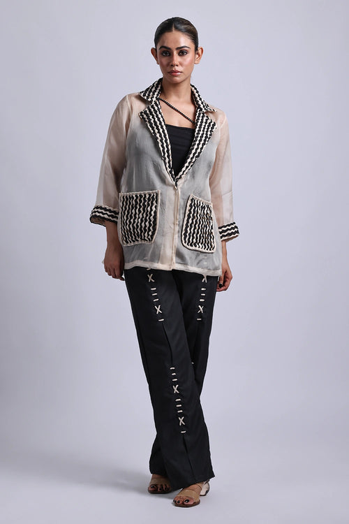 Helio Woven Blazer With Denim Pants
