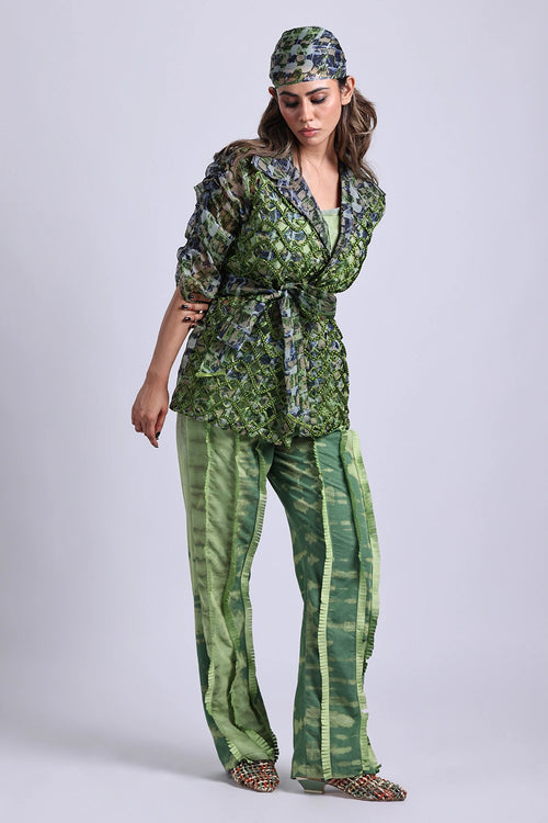 Helio Green Wraptop With Pant And Bustier