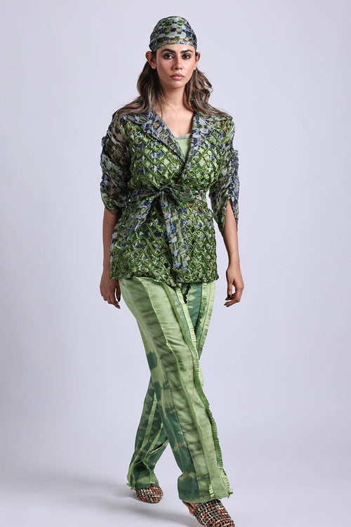 Helio Green Wraptop With Pant And Bustier