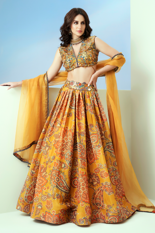 Yellow Tissue Organza Lehenga Set