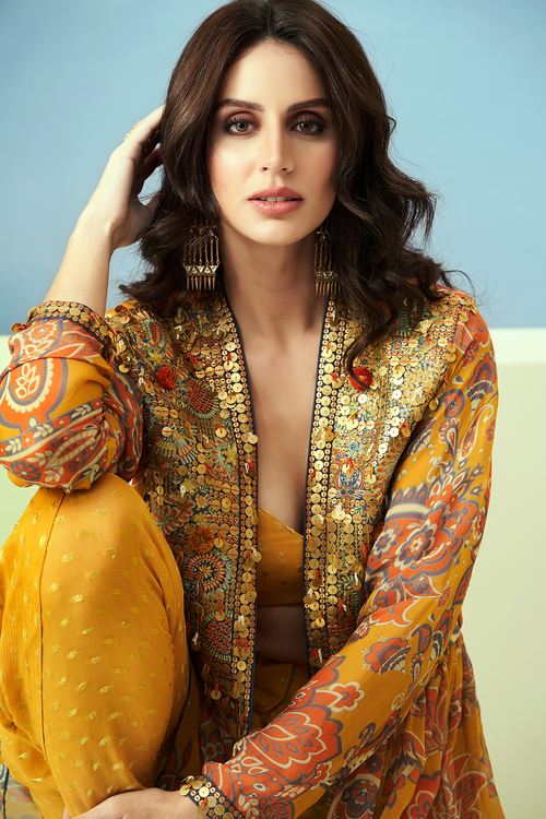 Yellow Printed Yoke Embellished Co-ord Set