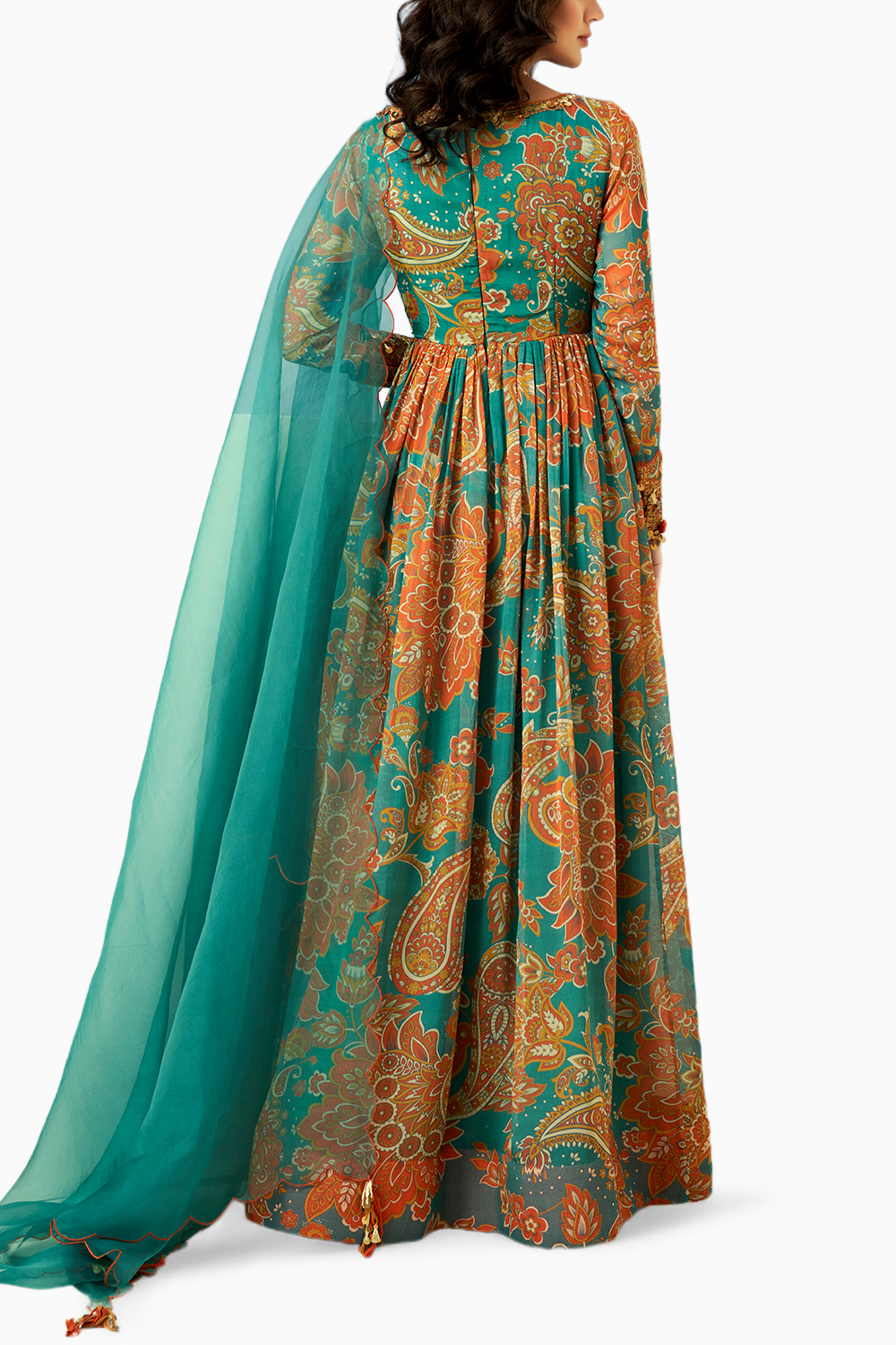 Blue Printed Cuff Embellished Anarkali Set