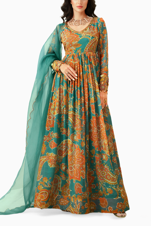 Blue Printed Cuff Embellished Anarkali Set