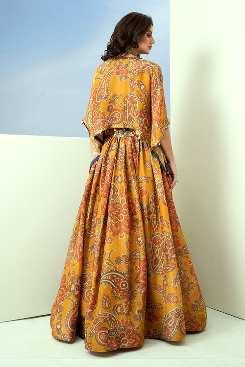 Yellow Printed Waist Embellished Lehenga Set