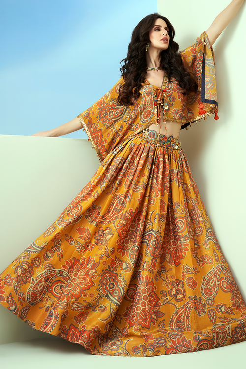 Yellow Printed Waist Embellished Lehenga Set