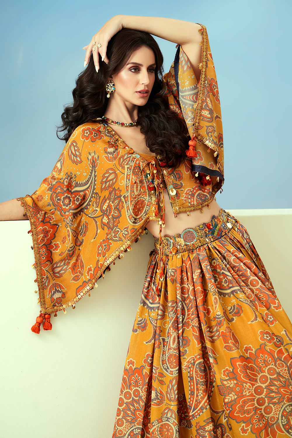 Yellow Printed Waist Embellished Lehenga Set