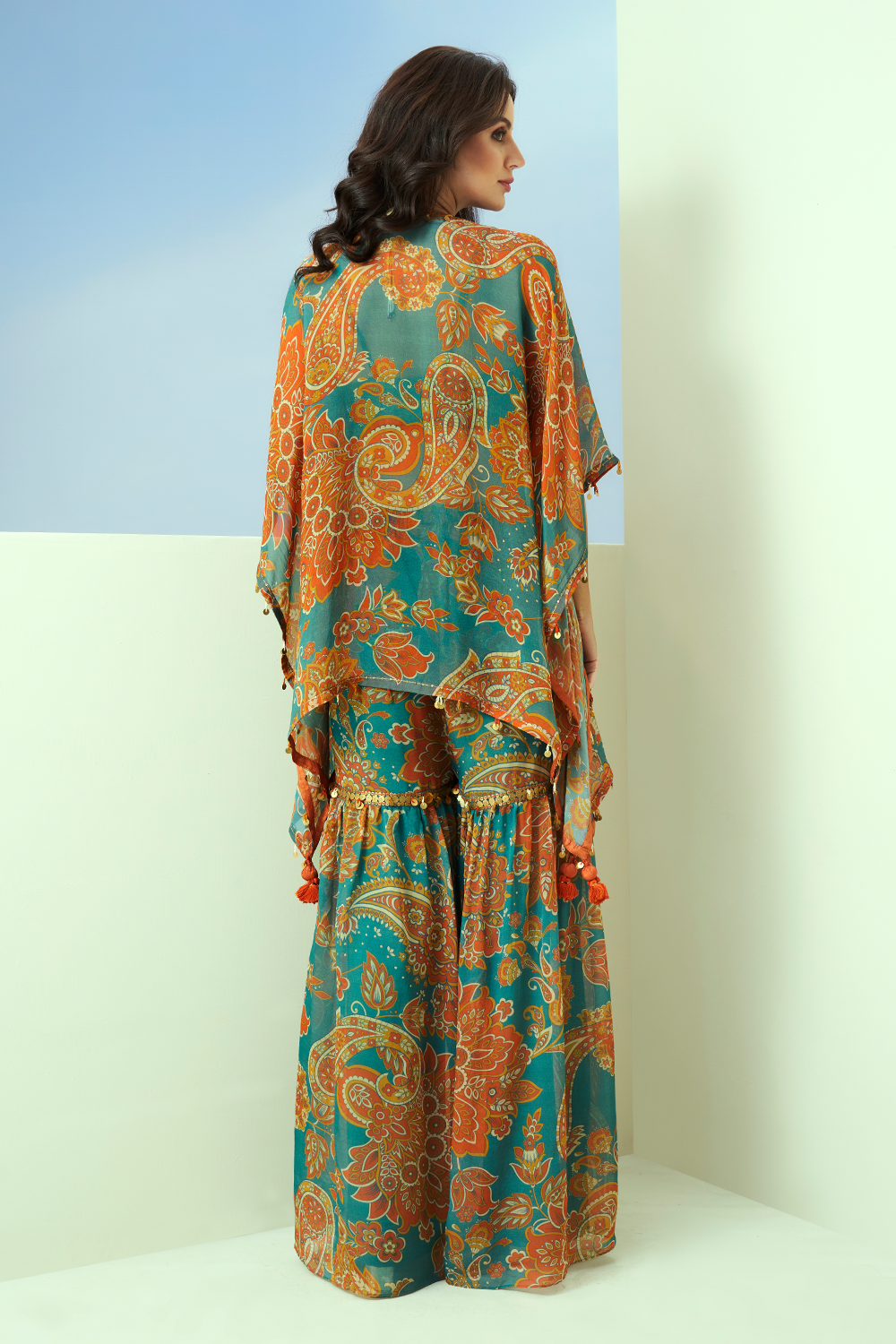 Blue Printed Kaftan with Sharara