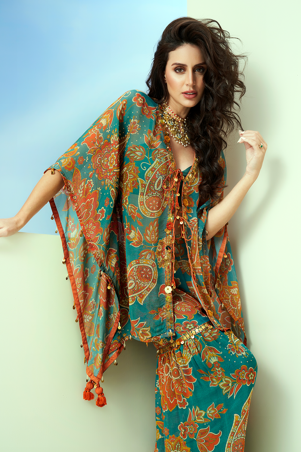 Blue Printed Kaftan with Sharara