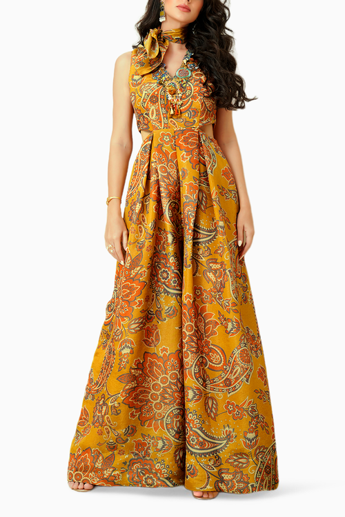 Yellow Printed V-Neck Embellished Jumpsuit