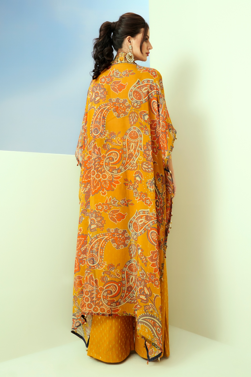 Yellow Printed Collar Embellished Kaftan Set