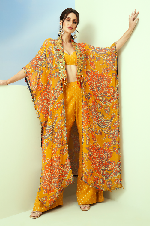 Yellow Printed Collar Embellished Kaftan Set