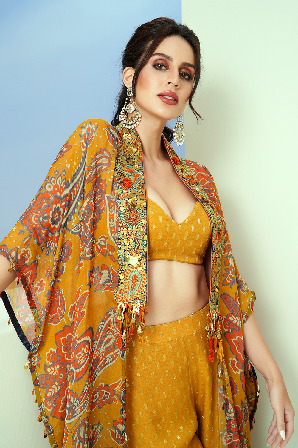 Yellow Printed Collar Embellished Kaftan Set