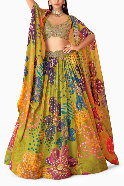 Printed Organza Waist Embellished Lehenga Set