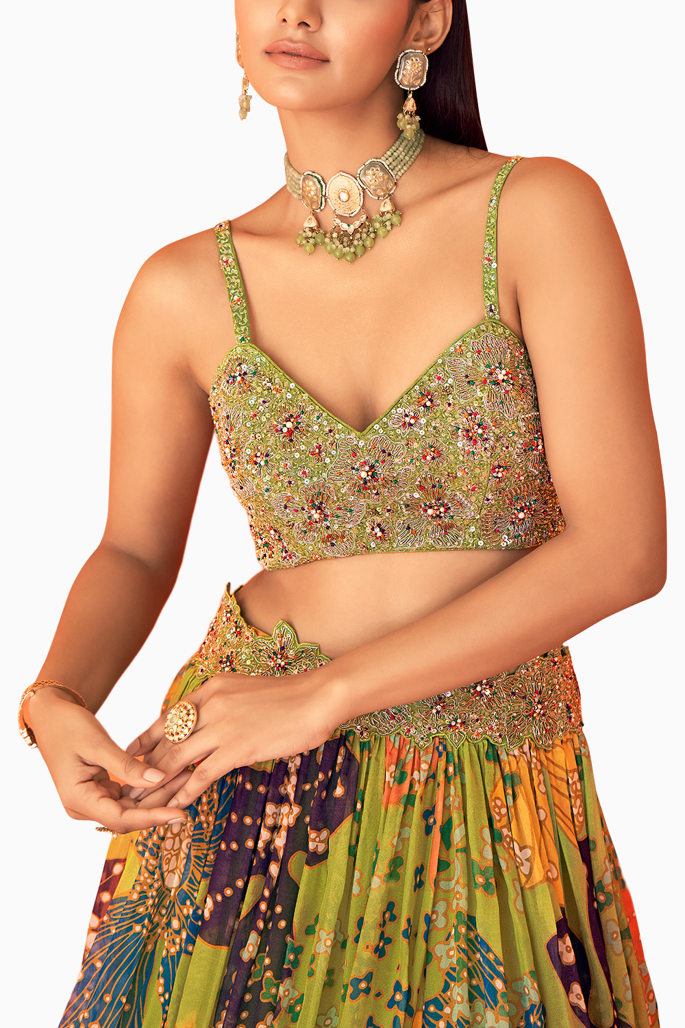 Printed Organza Waist Embellished Lehenga Set