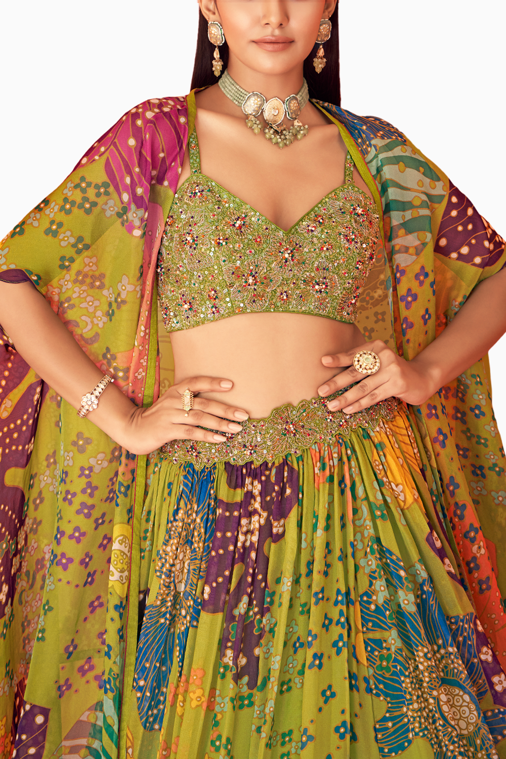 Printed Organza Waist Embellished Lehenga Set