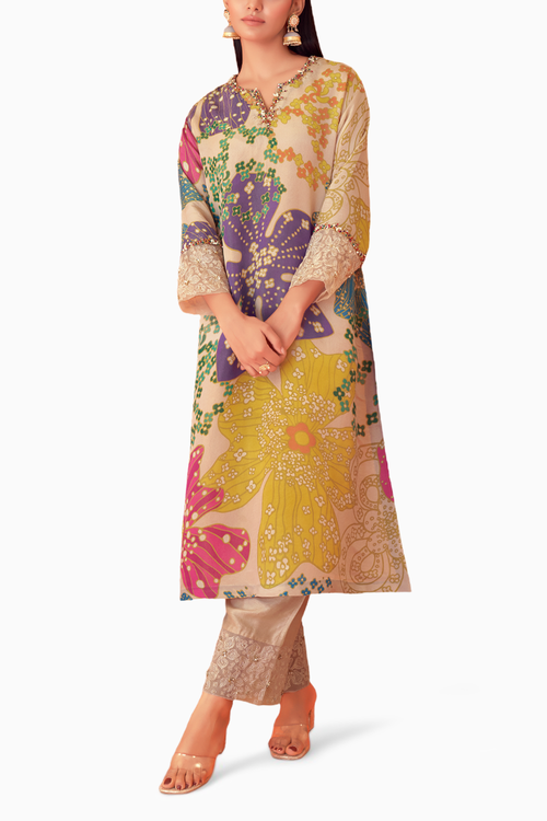 Off-White Printed Tissue Organza Kurta Set