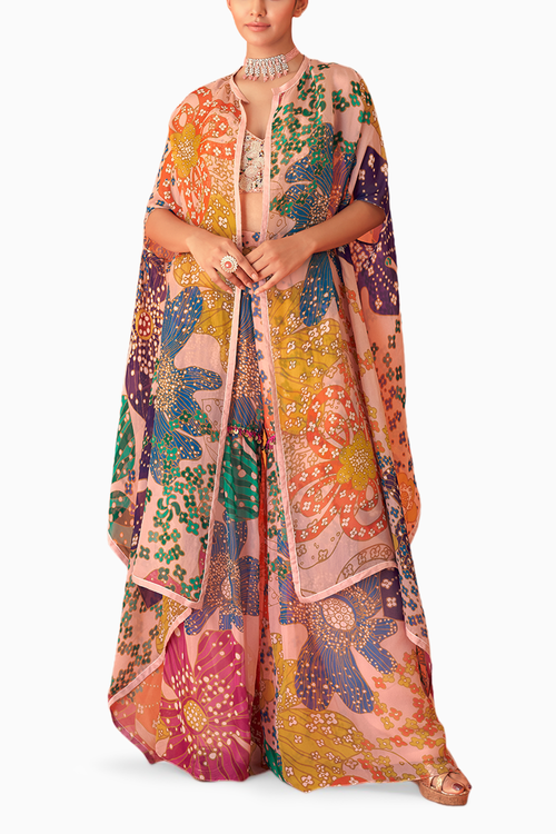 Peach Printed Organza Cape Co-ord Set