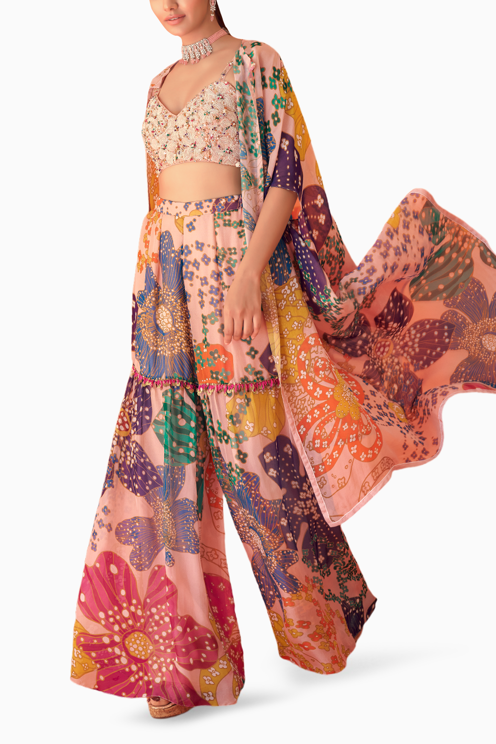 Peach Printed Organza Cape Co-ord Set