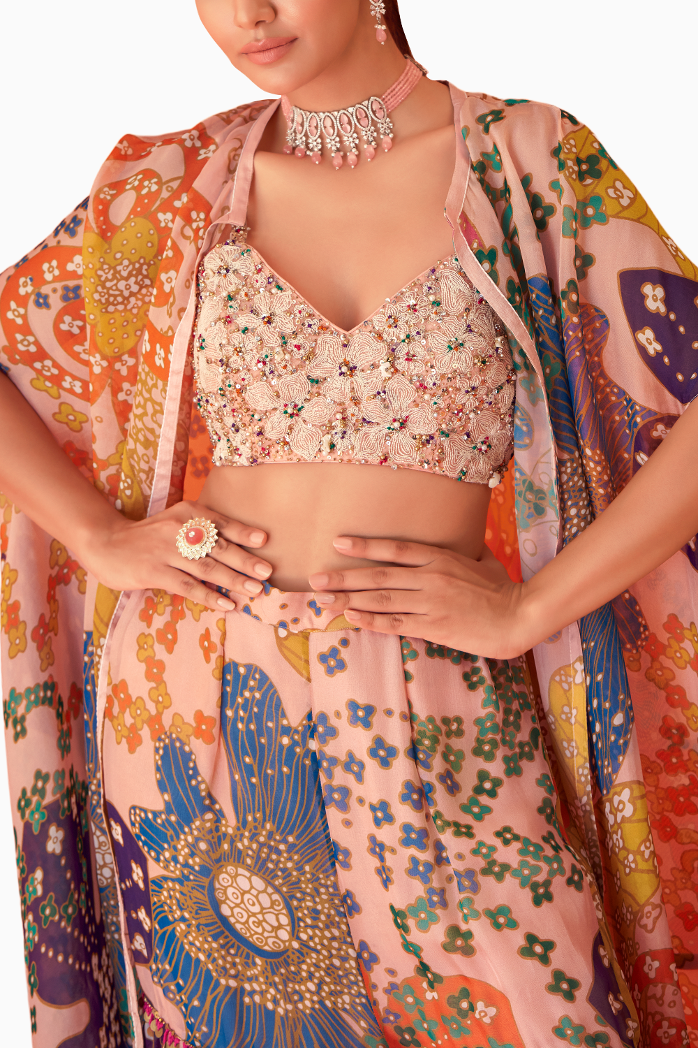 Peach Printed Organza Cape Co-ord Set