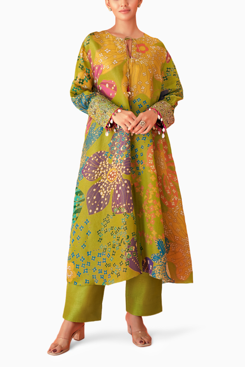 Green Printed Organza Kurta Set