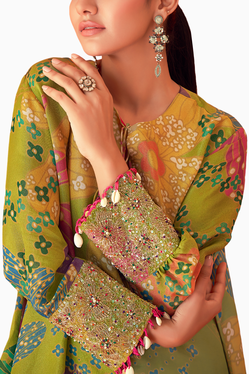 Green Printed Organza Kurta Set