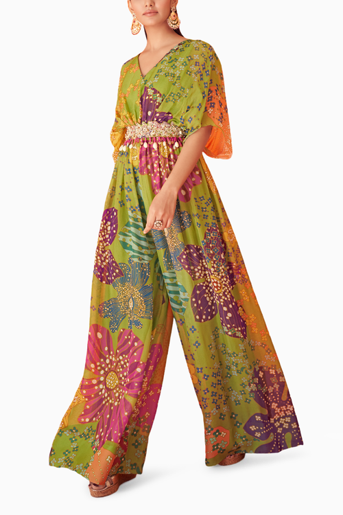 Green Printed Organza Jumpsuit