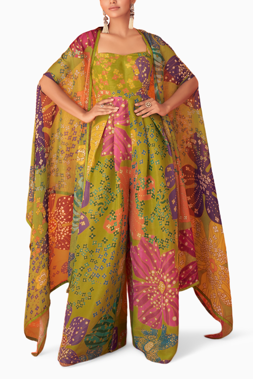 Green Printed Tissue Organza Strap Jumpsuit