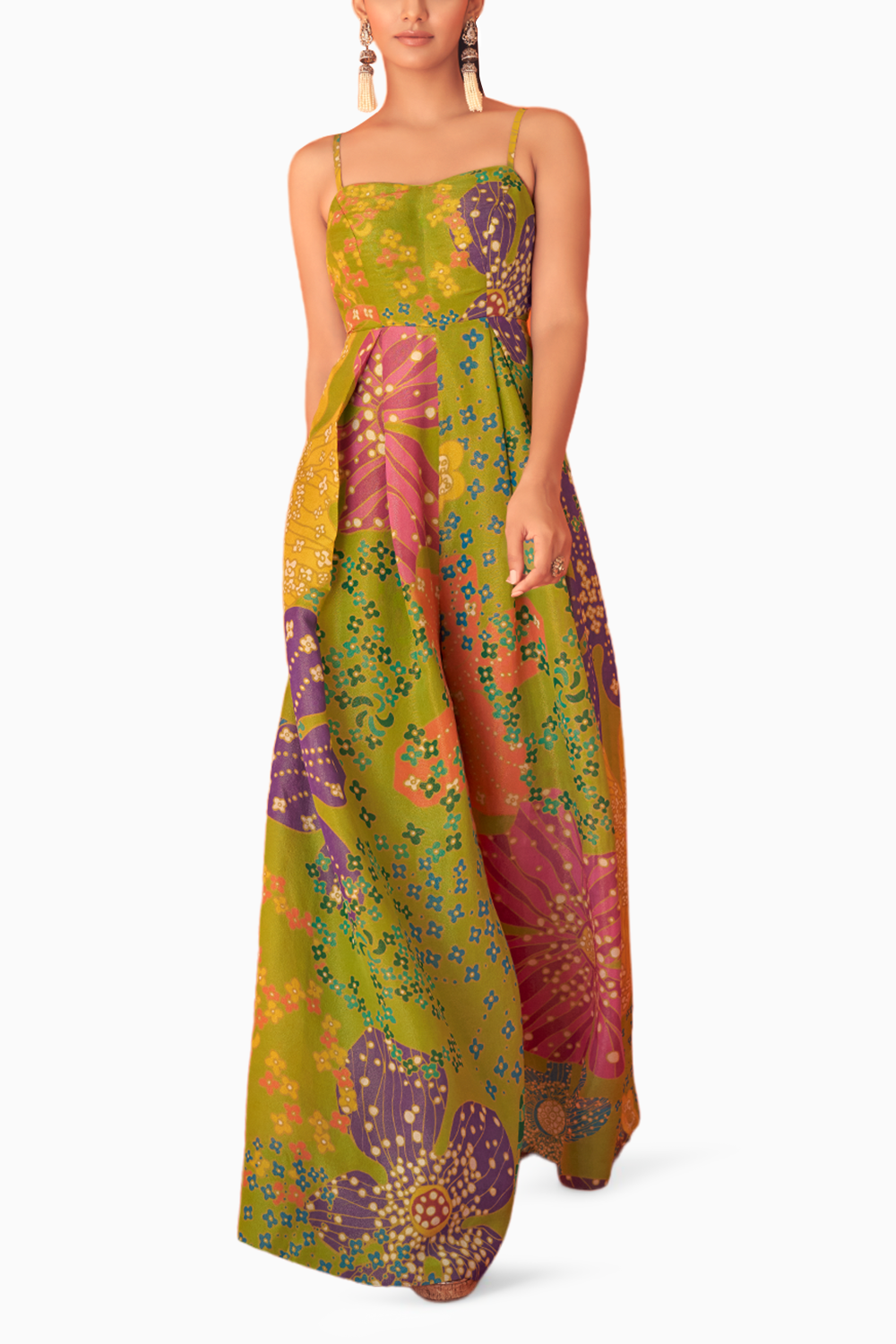 Green Printed Tissue Organza Strap Jumpsuit