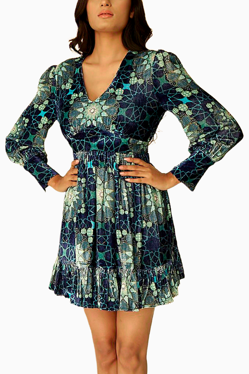 Blue Tashkent Velvet Short Dress