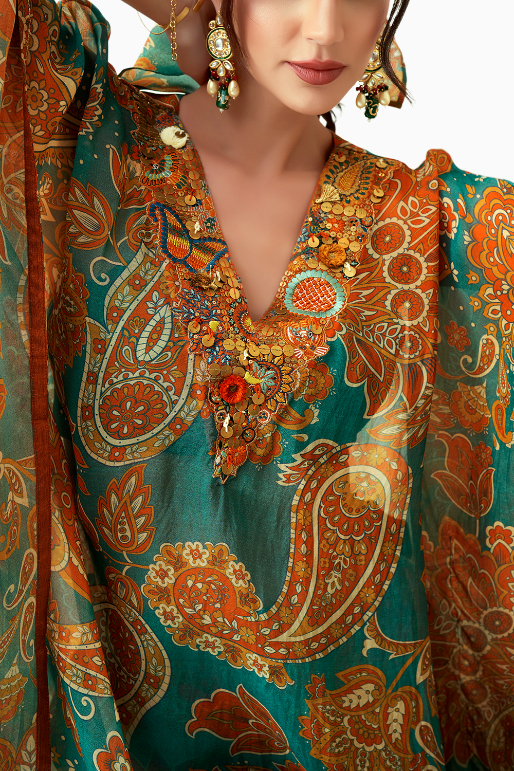 V-Neck Embellished Kaftan Set