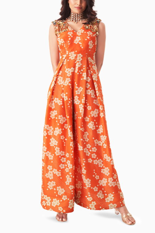 Orange Printed Jumpsuit