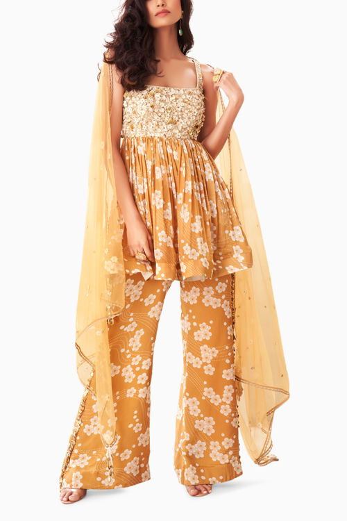 Gold Printed Embroidered Co-ord Set with Dupatta