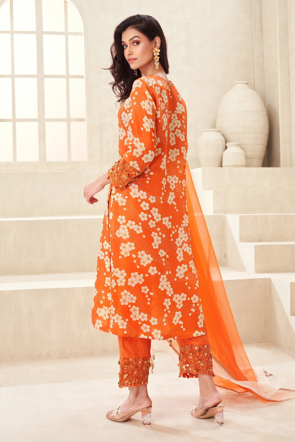 Orange Cuff Embroidred Kurta Set with Dupatta