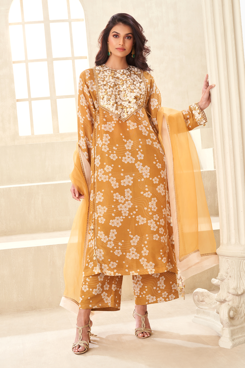 Gold Printed Embroidred Kurta Set with Dupatta