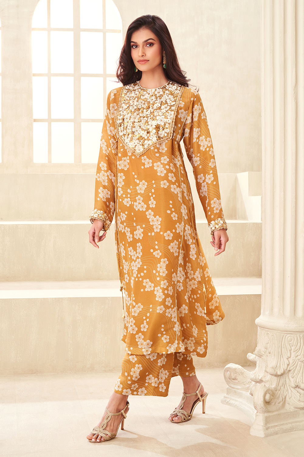 Gold Printed Embroidred Kurta Set with Dupatta