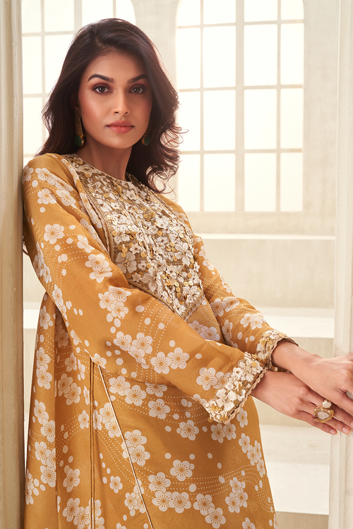 Gold Printed Embroidred Kurta Set with Dupatta