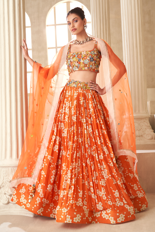 Orange Printed Embroidered Lehenga Set