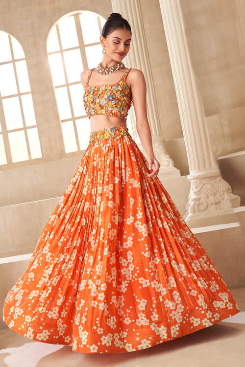 Orange Printed Embroidered Lehenga Set