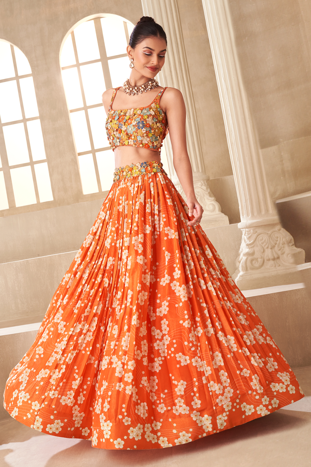 Orange Printed Embroidered Lehenga Set