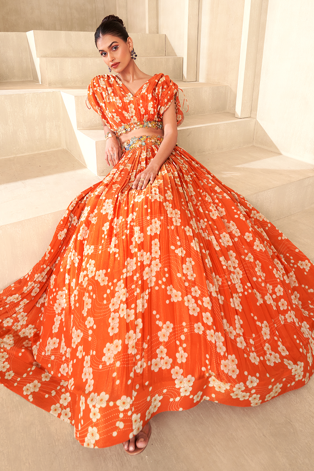 Orange Printed Lehenga Set