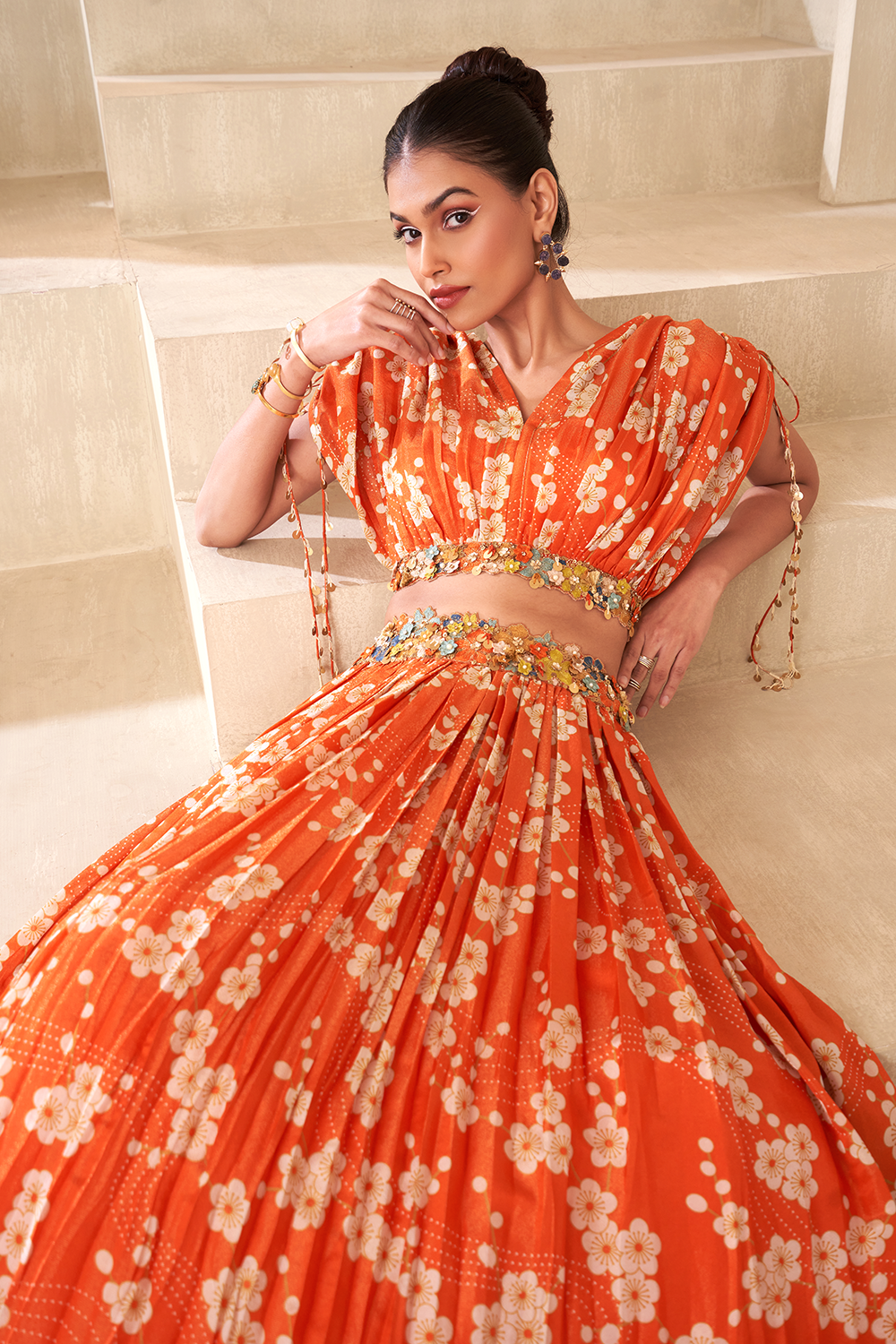 Orange Printed Lehenga Set